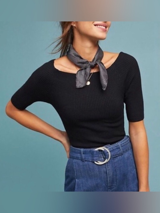 Anthropologie Tops - EttTwa by Anthropologie Boatneck ribbed short sleeve blouse black size: M